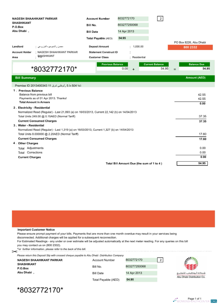 download UAE ABU DHABI DISTRIBUTION 7 CO. utility bill Word and PDF template, version 2 PDF template